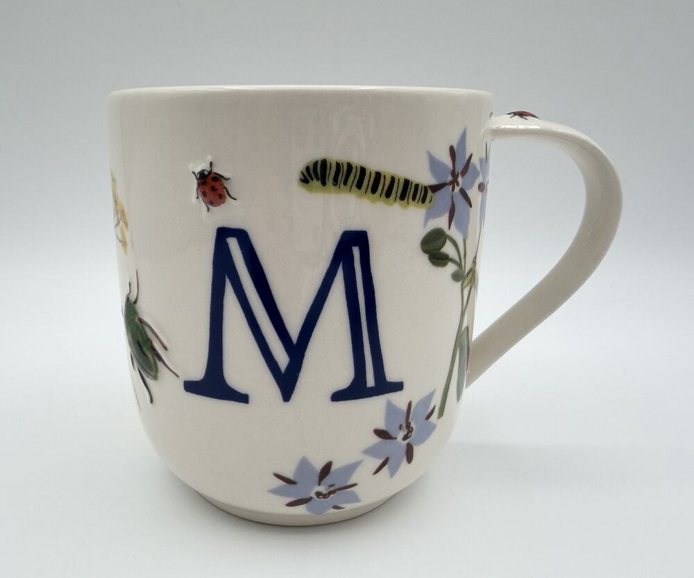 Anthropologie Monarch Monogram Letter M Floral Textured 14oz Coffee Mug 4”